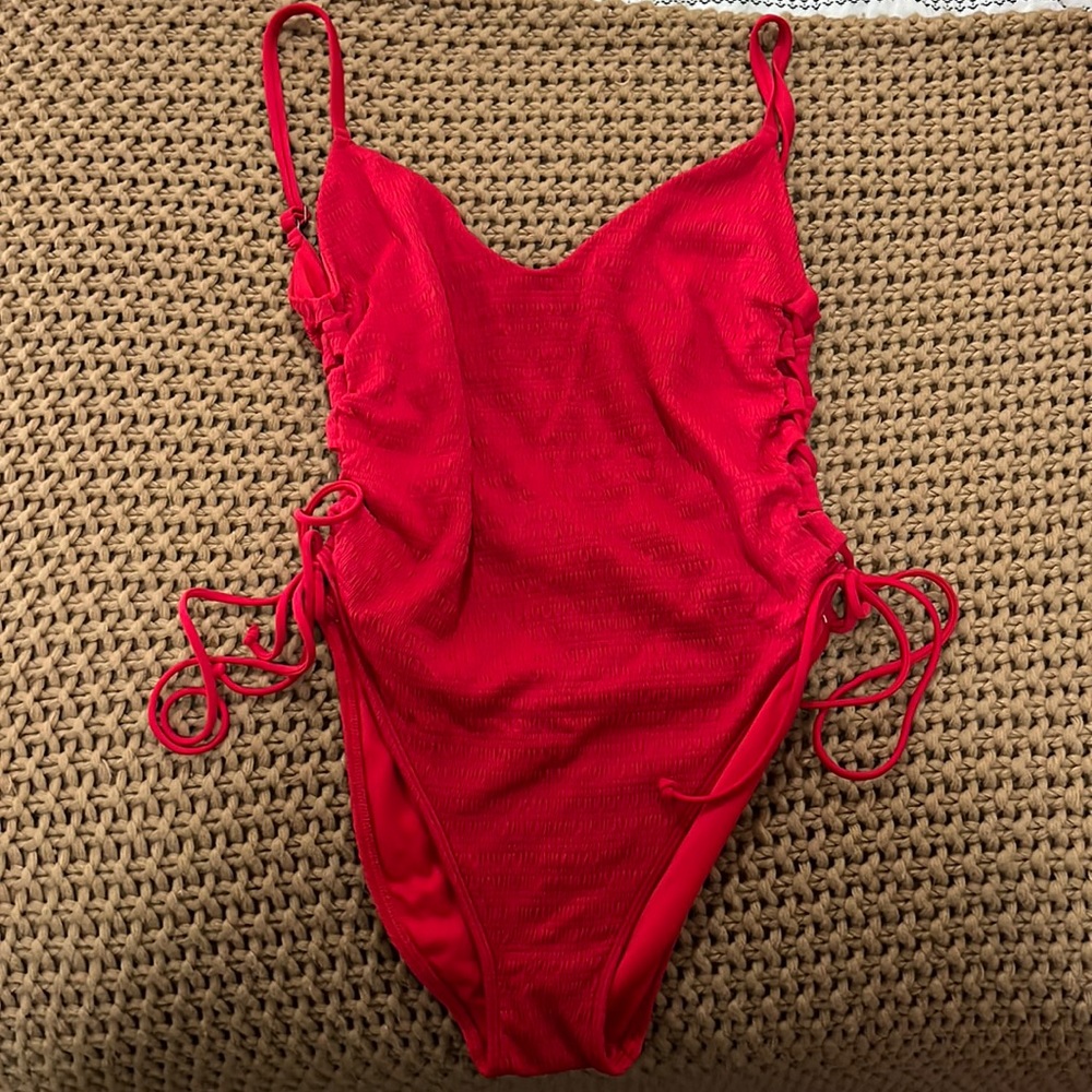 Red backless one piece bathing suit